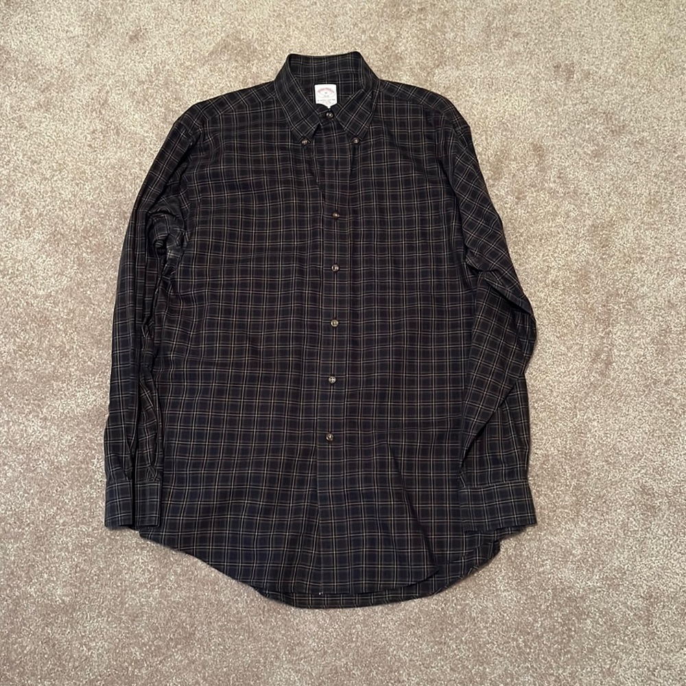 Brooks Brother Plaid Long Sleeve Button Down Navy Copper Medium 346